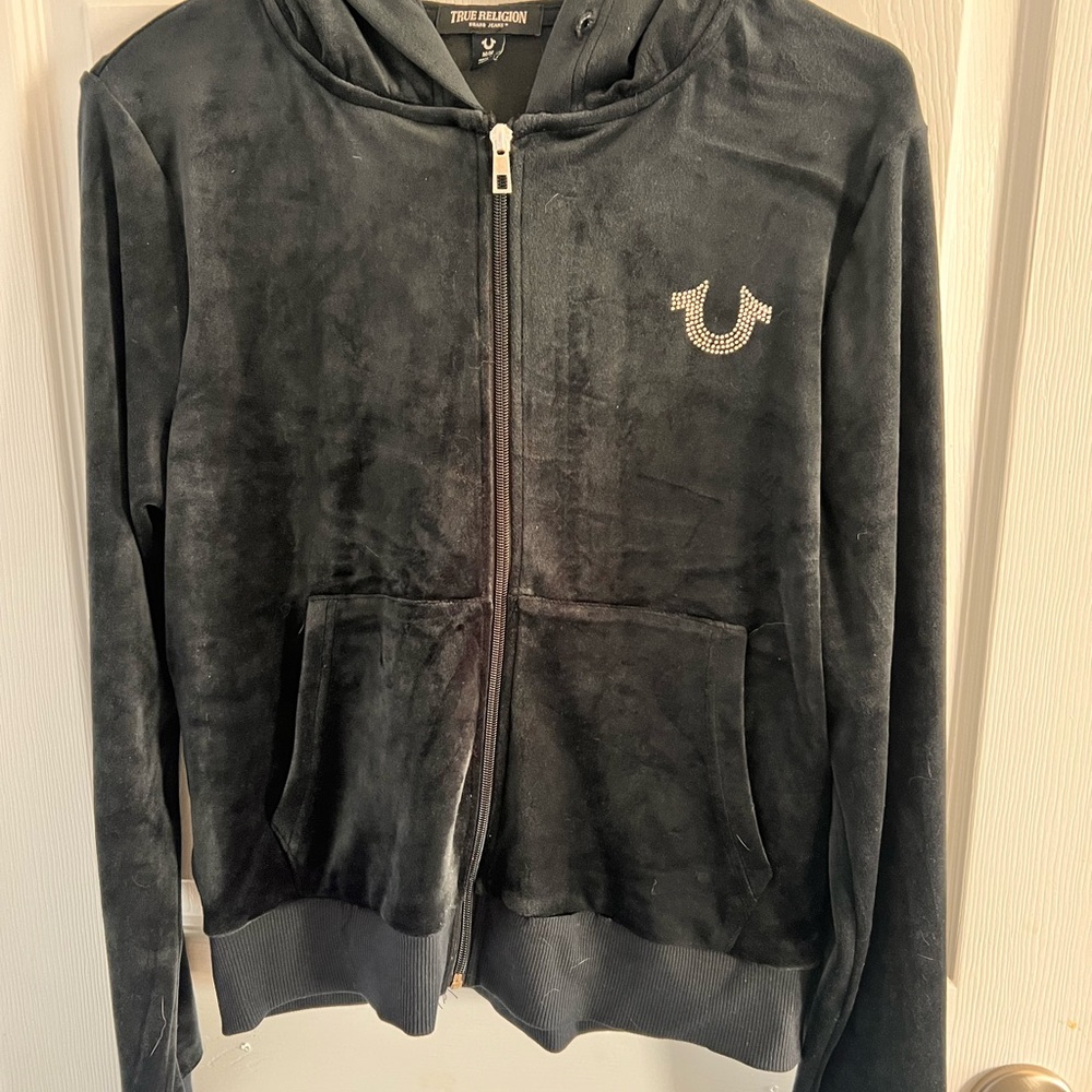 True Religion Black Velour Zip-Up Hoodie with Rhinestone Horseshoe